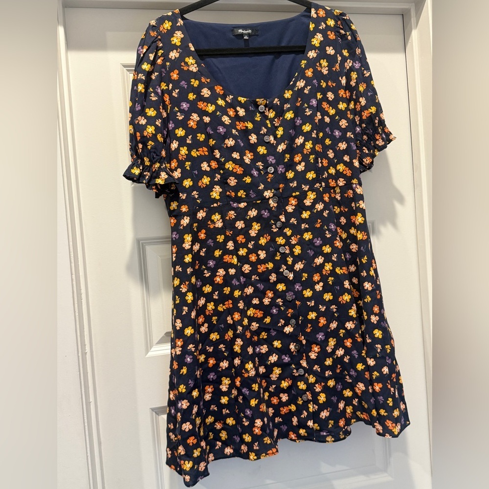Madewell Navy Floral Blouse with Orange and Yellow Accents